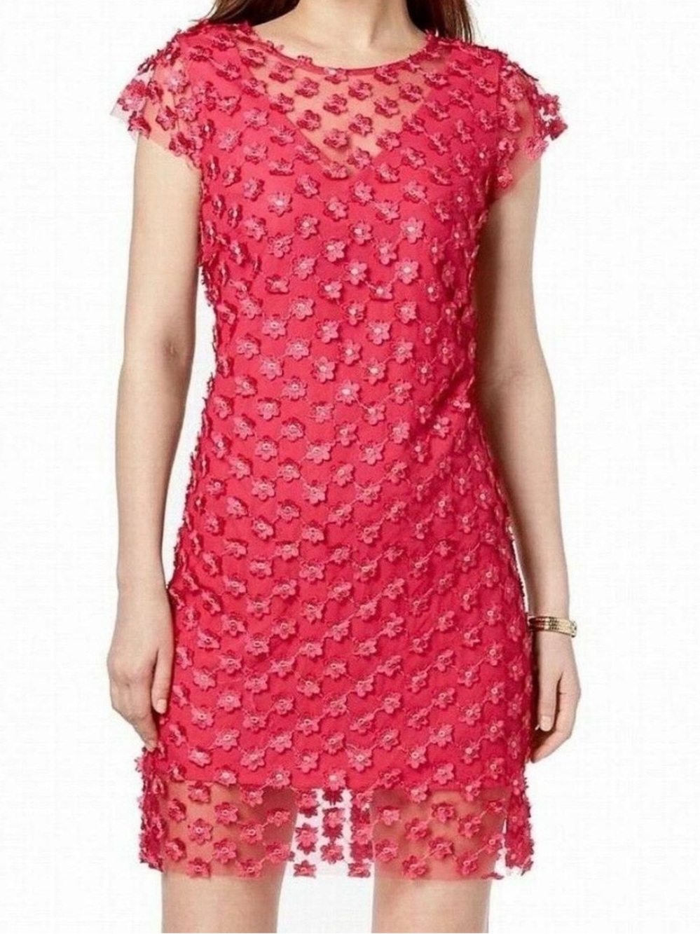 Nanette Lapore Pink Floral Appliqué mesh embroidered Short Sleeve shift Dress